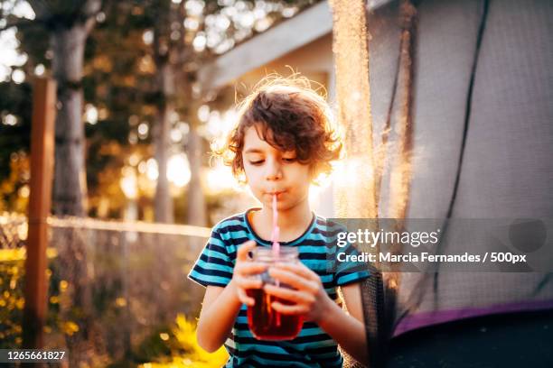 boy drinking a cup of tea in yard, victoria, canada - metal straw stock pictures, royalty-free photos & images