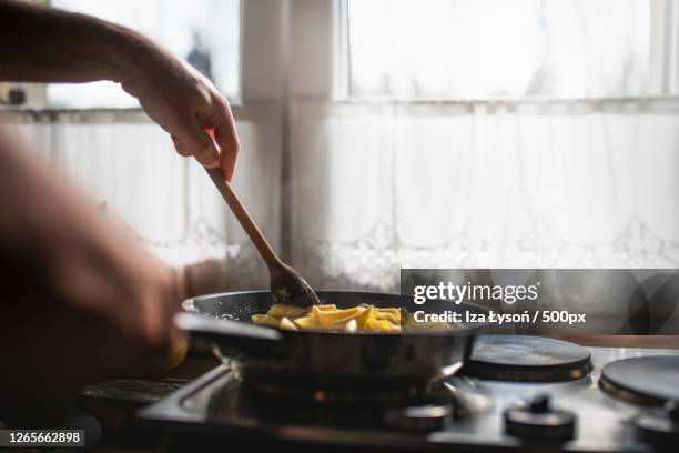 cropped hand of woman preparing food in kitchen, zakopane, poland - sartenes fotografías e imágenes de stock