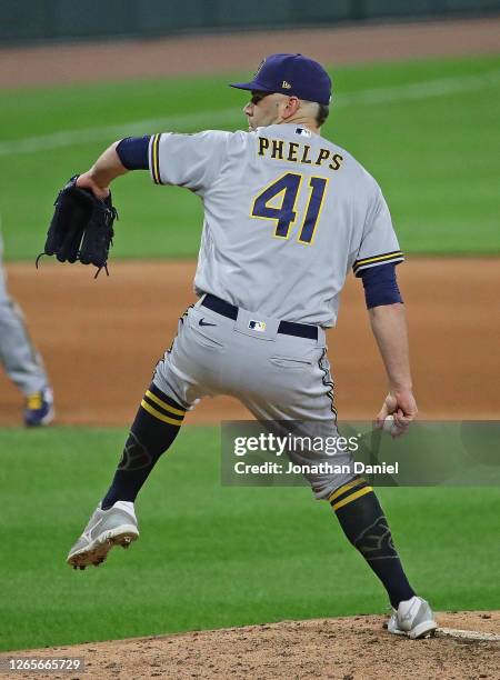 David Phelps of the Milwaukee Brewers pitches against the Chicago White Sox at Guaranteed Rate Field on August 05, 2020 in Chicago, Illinois. The...