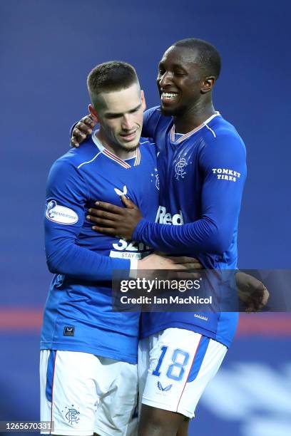 Ryan Kent of Rangers FC celebrates with Ianis Hagi after scoring his team's second goal during the Ladbrokes Scottish Premiership match between...