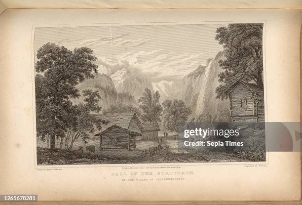 Fall of the Staubbach in the Valley of Lauterbruennen, Staubbach Falls in the Lauterbrunnen Valley seen from the valley floor to the south, signed:...