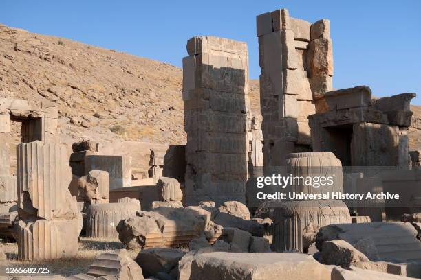 Photograph of the Throne Hall or "Hall of a Hundred Columns" at Persepolis, Iran. Built by the Achaemenid king Artaxerxes I..