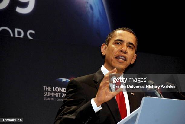 Photograph of Barack Obama speaking at the 2009 G20 London Summit. Barack Hussein Obama II an American attorney and served as the 44th President of...