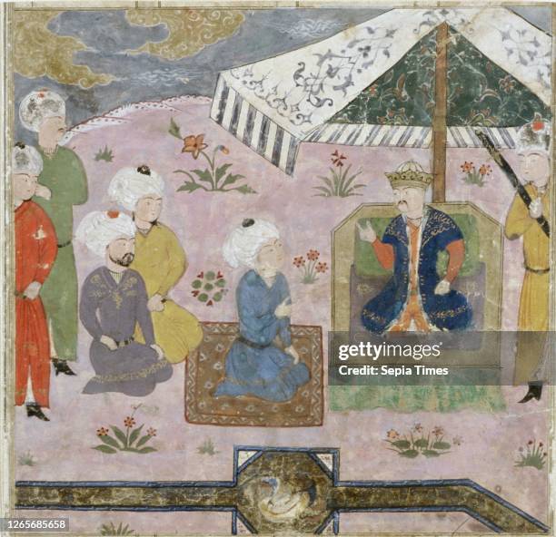 Islamic, Iranian, Miniature Painting of Audience Scene, ca. 1470, Opaque watercolor on paper, Overall: 5 1/2— 5 5/8 inches .