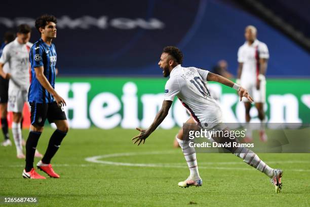 Neymar of Paris Saint-Germain celebrates victory after the UEFA Champions League Quarter Final match between Atalanta and Paris Saint-Germain at...
