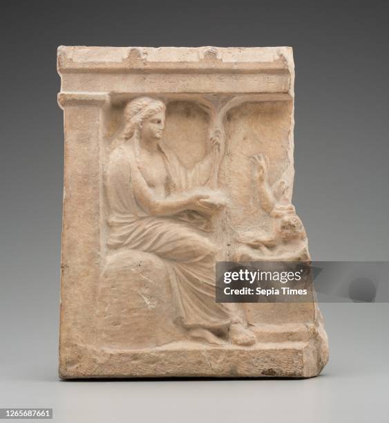 Greek, Relief of Apollo Seated on the Omphalos, 4th Century BC, marble, Overall: 16 1/4— 12 3/4— 3 1/2 inches .