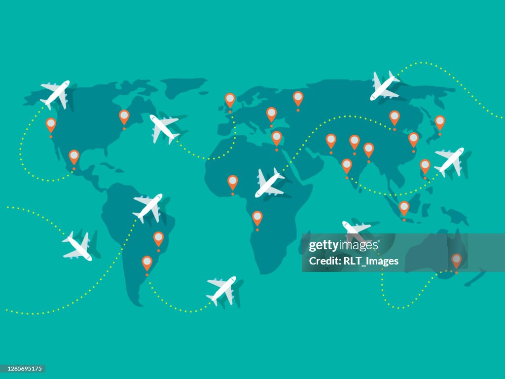 Illustration of airplane flights on world map