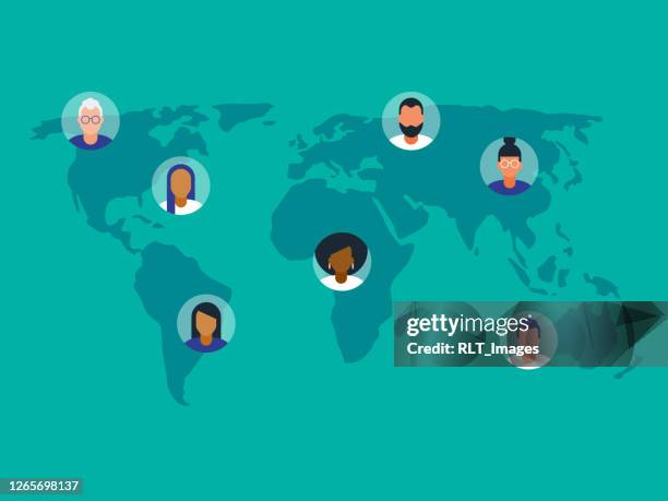 illustrazioni stock, clip art, cartoni animati e icone di tendenza di illustrazione di diversi avatar posizionati sulla mappa del mondo - friends travel