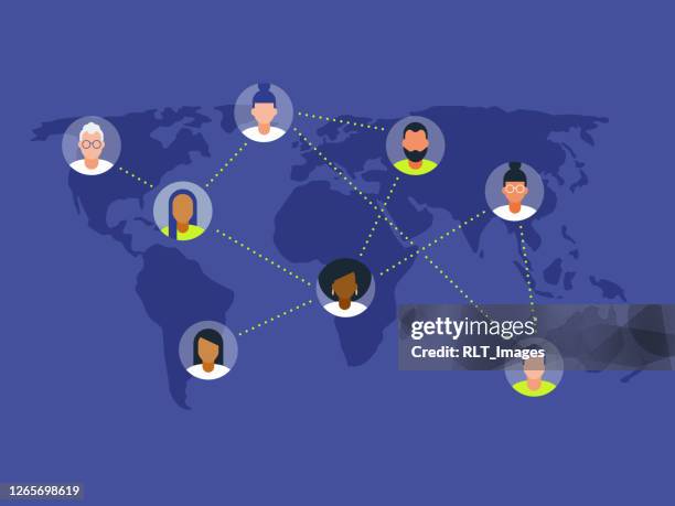 stockillustraties, clipart, cartoons en iconen met illustratie van diverse peers die op wereldkaart voorzien - connection world