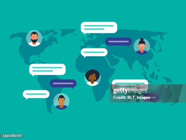 illustration of diverse peers communicating on world map - world languages stock illustrations