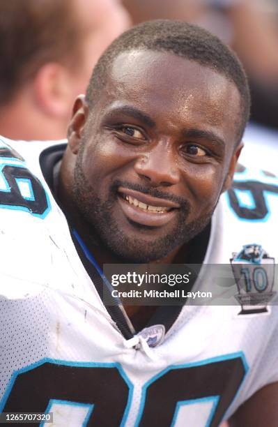 Brentson Buckner of the Carolina Panthers looks on during an NFL football game against the Atlanta Falcon on October 2, 2004 at Ericsson Stadium in...