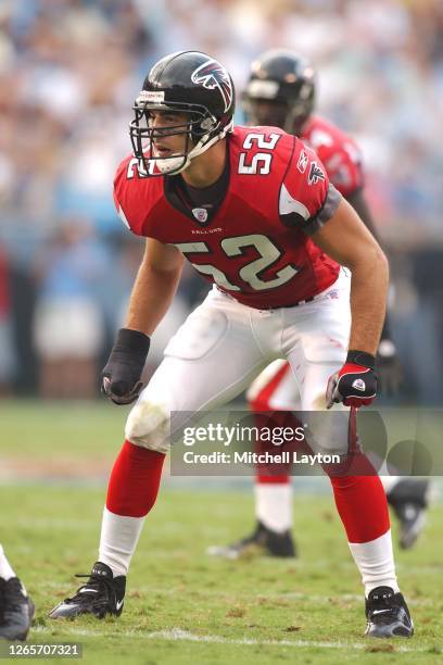 Matt Stewart of the Atlanta Falcons in position during an NFL football game against the Carolina Panthers on October 2, 2004 at Ericsson Stadium in...