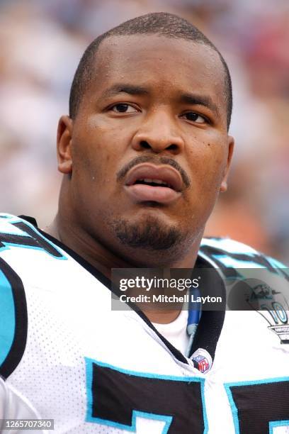 Kris Jenkins of the Carolina Panthers looks on during an NFL football game against the Atlanta Falcons on October 2, 2004 at Ericsson Stadium in...