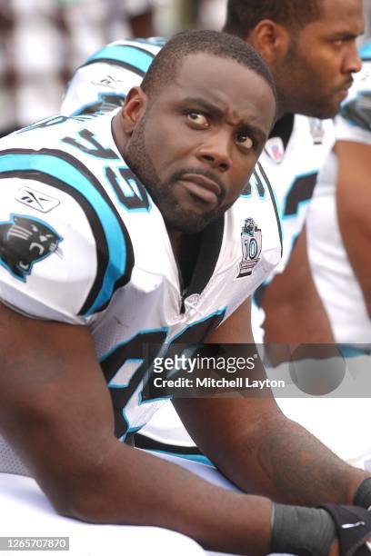 Brentson Buckner of the Carolina Panthers looks on during an NFL football game against the Atlanta Falcons on October 2, 2004 at Ericsson Stadium in...