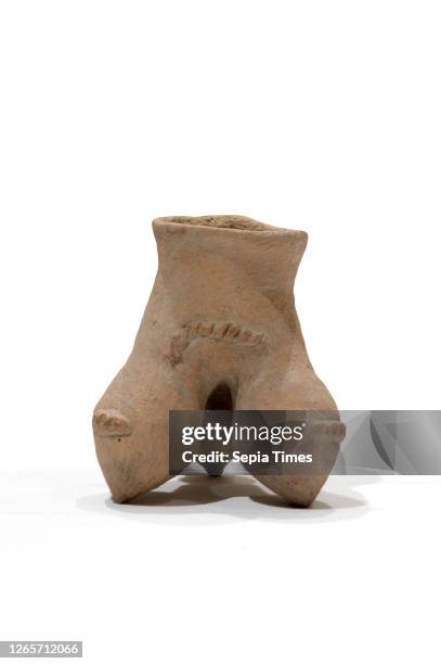 Single-handled, open-legged tripod container with high collar and 3 grooved bands, Unknown, Neolithic, about 2500 B.C.E., earthenware, 4-3/8 x 3-3/4...