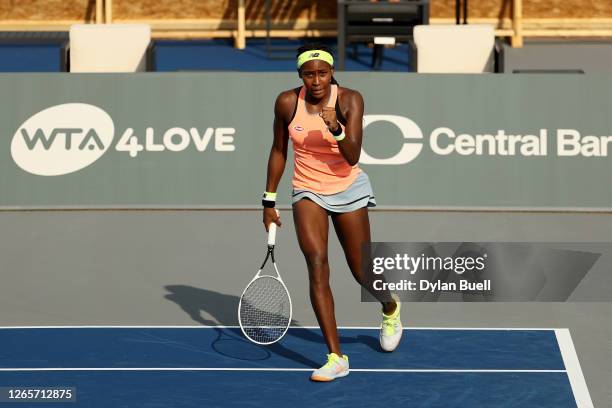 Cori Gauff celebrates after defeating Aryna Sabalenka of Belarus 7-6, 4-6, 6-4 during day three of the Top Seed Open at the Top Seed Tennis Club on...