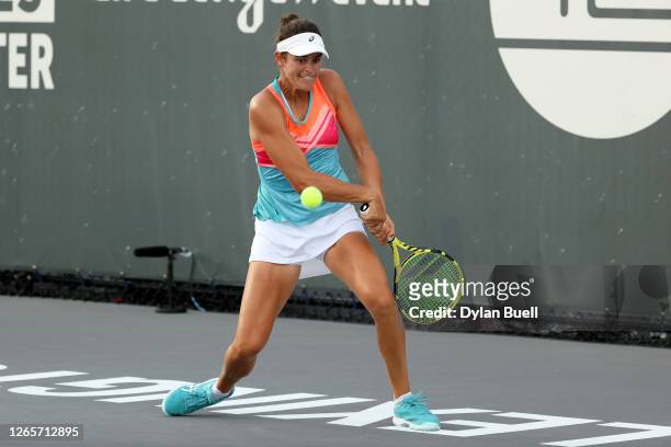 Jennifer Brady plays a backhand during her match against Magda Linette of Poland during day three of the Top Seed Open at the Top Seed Tennis Club on...