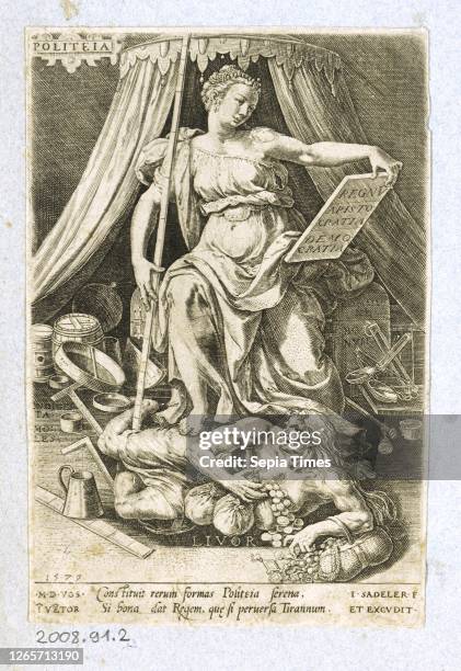 Personification of Politics copperplate engraving on paper, sheet: ca. 14 x 9 cm, O. L., in a cartouche: POLITEIA, further inscriptions in the...