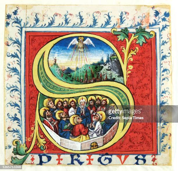 Initial S with the Pentecost, mid 15th c., Cover color on parchment, Spread over paper, sheet: 10.7 x 11.1 cm |, Image: 8.1 x 8.7 cm, At the lower...