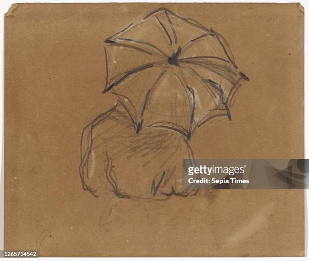 Figure with umbrella, seen from behind, 1866/69, black chalk and heights with white chalk on brown drawing paper, verso: pencil, sheet: 14.3 x 16.9...