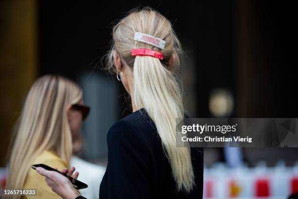 Guest is seen wearing Rotate hair clip outside Henrik Vibskov during Copenhagen Fashion Week Spring/Summer 2021 on August 12, 2020 in Copenhagen,...