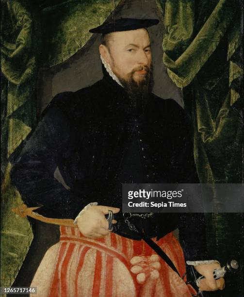 Portrait of Melchior Hornlocher oil on oakwood, 86 x 70 cm, inscribed on the reverse above the coat of arms: MELCHOR HORNLOCHER, CHATARINA ÆDERIN,...