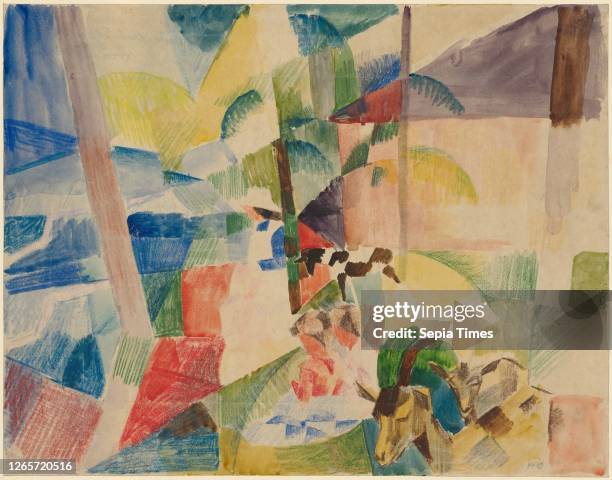 Landscape with children and goats watercolor, gouache and chalk on detail paper, sheet: 31.4 x 40.2 cm, U. R., dated in pencil: 1913, August Macke,...