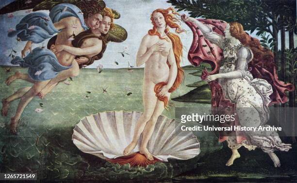 Painting titled 'The Birth of Venus' by Sandro Botticelli. Alessandro di Mariano di Vanni Filipepi an Italian painter of the Early Renaissance.