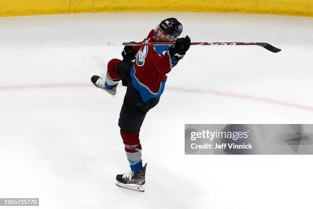 Nazem Kadri of the Colorado Avalanche celebrates after scoring a goal on Darcy Kuemper of the Arizona Coyotes during the third period in Game One of...