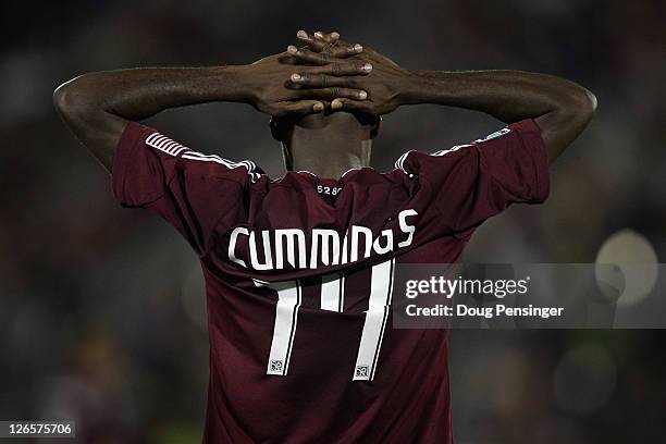 Omar Cummings of the Colorado Rapids reacts after being called offside against the San Jose Earthquakes at Dick's Sporting Goods Park on September...