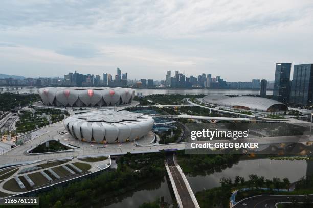 This picture shows the Hangzhou Olympic Sports Center, including the Gymnasium and Aquatics Centre , Tennis Centre and main stadium , which will host...