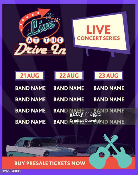 live drive in concert event poster design advertisement - drive in cinema stock illustrations