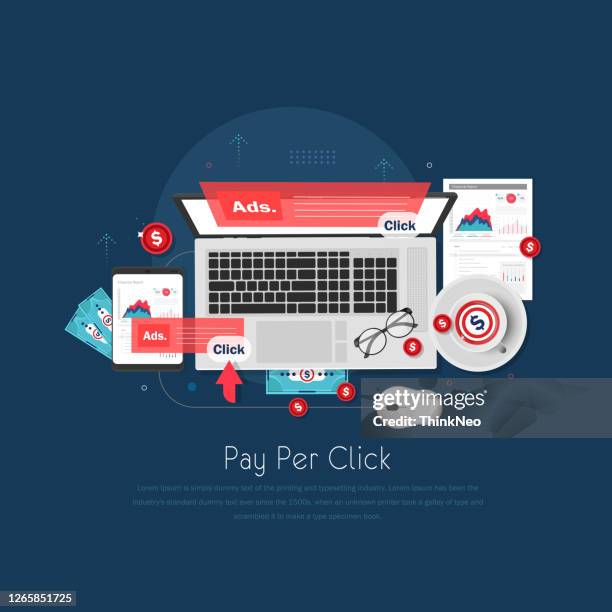 pay per click marketing isometric vector concept illustration. - red notebook stock illustrations