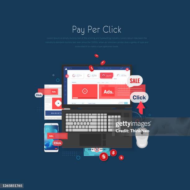 ppc paid per clik advertising or advertisement concept with laptop and clicked mouse sign - using computer mouse stock illustrations