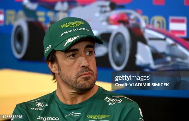 Aston Martin's Spanish driver Fernando Alonso attends a press conference on the Red Bull race track in Spielberg, Austria on June 29 ahead of the...