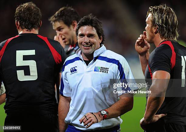 Referee Steve Walsh of Australia in action during the IRB 2011 Rugby World Cup Pool D match between Wales and Namibia at Stadium Taranaki on...