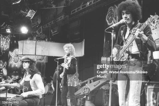 Thin Lizzy perform 'Whiskey In The Jar' on BBC TV show 'Top Of The Pops', London, 31st January 1973. The show aired on 1st February. Brian Downey ,...