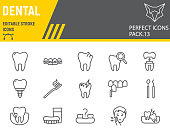 Dental line icon set, dentistry collection, vector sketches, logo illustrations, orthodontics icons, stomatology clinic signs linear pictograms, editable stroke.