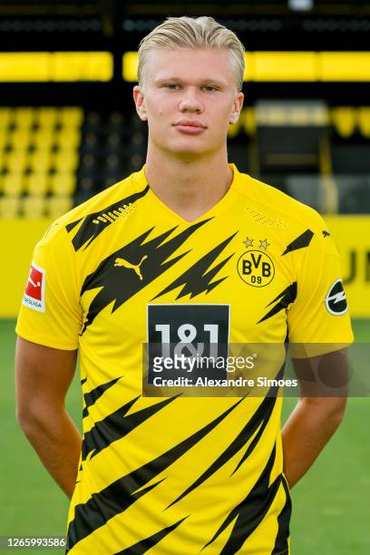 Erling Haaland of Borussia Dortmund poses during a team presentation on August 04, 2020 in Dortmund, Germany.