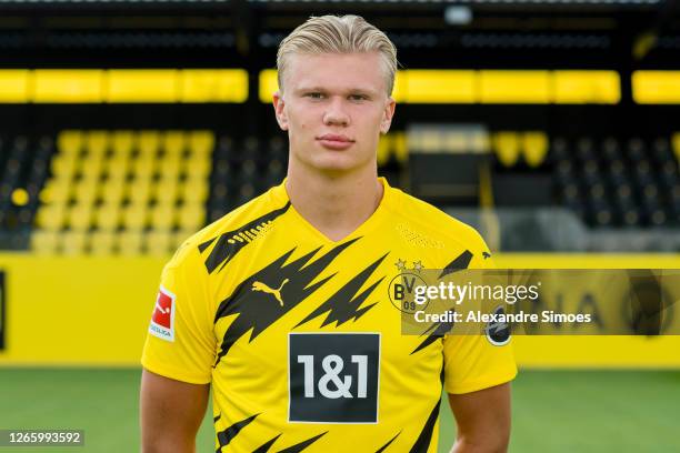 Erling Haaland of Borussia Dortmund poses during a team presentation on August 04, 2020 in Dortmund, Germany.