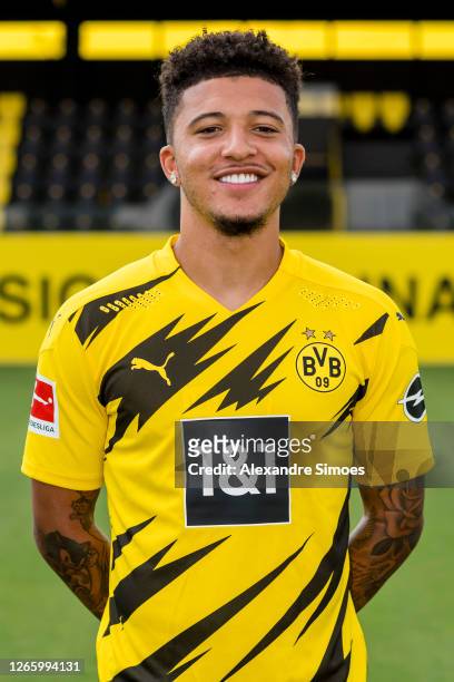 Jadon Sancho of Borussia Dortmund poses during a team presentation on August 04, 2020 in Dortmund, Germany.