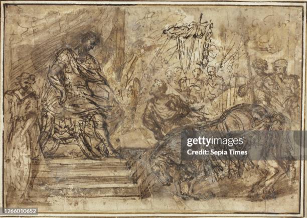 Caligula Appointing His Horse Incitatus to the Consulship. N.d. Style of Pietro da Cortona. Italian. 1596-1669. Italy. Pen and brown ink with brush...