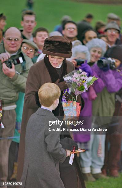 British Royal Diana, Princess of Wales , wearing a brown coat with black trim and a matching winter hat, and her son Prince Harry attend the...