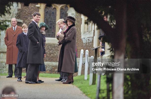 British Royals Prince Philip, Duke of Edinburgh, Prince William, Timothy Laurence, Zara Phillips, and Diana, Princess of Wales , wearing a brown coat...