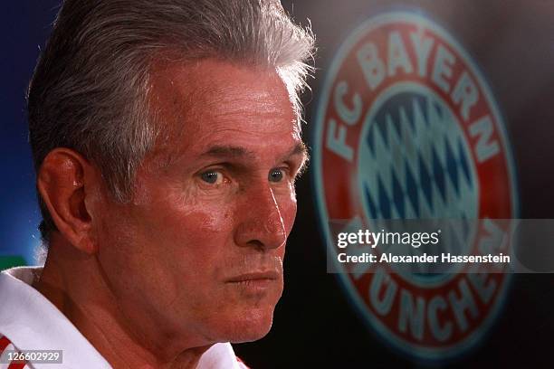 Jupp Heynckes, head coach of Bayern Muenchen looks on during a Bayern Muenchen press conference at Bayern's trainings ground 'Saebener Strasse' ahead...