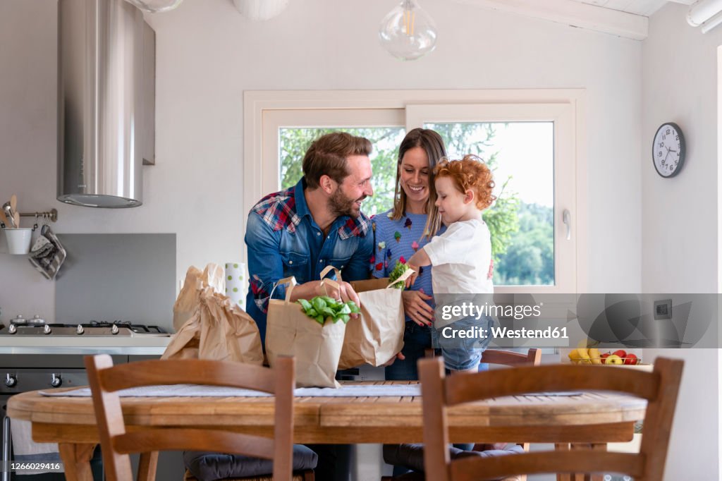 Happy family with groceries bag at dining table in kitchen