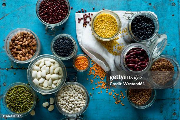 various beans and lentils in jars on bluerustic wooden surface - leguminosa fotografías e imágenes de stock