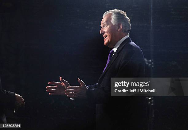 Shadow Welsh Secretary Peter Hain is interviewed in a television studio during the Labour party conference at the Echo Arena on September 26, 2011 in...