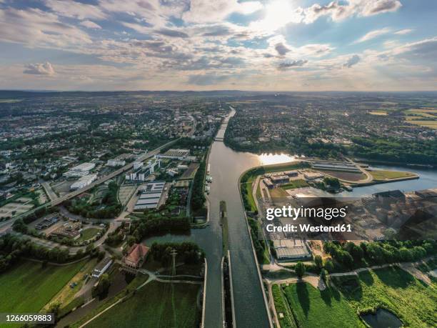 germany, north rhine-westphalia, minden, aerial view of town alongmittellandcanal - nordrhein westfalen landschaft stock-fotos und bilder