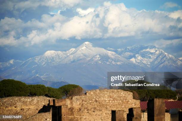 view from the pompeii archeological park on lattari mountains regional park, naples, italy. - vico equense stock pictures, royalty-free photos & images